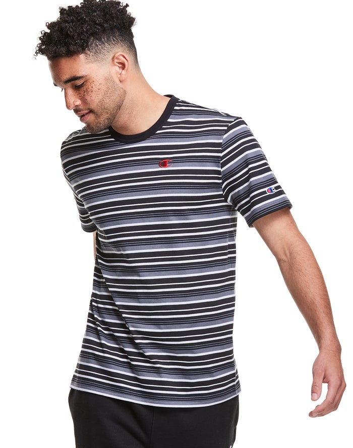 Champion Yarn-Dye Stripe C Logo - Miesten Mustat/Harmaat T-Paita - Suomi 0674381-SJ